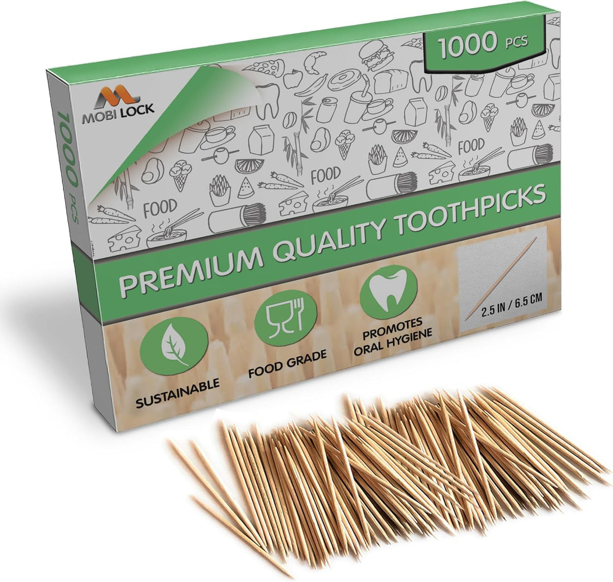 Mobi Lock Bamboo Toothpicks 1000 pieces front view for dental hygiene.