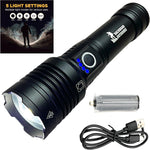 Backroad Outdoors 250000 lumens LED rechargeable flashlight front view