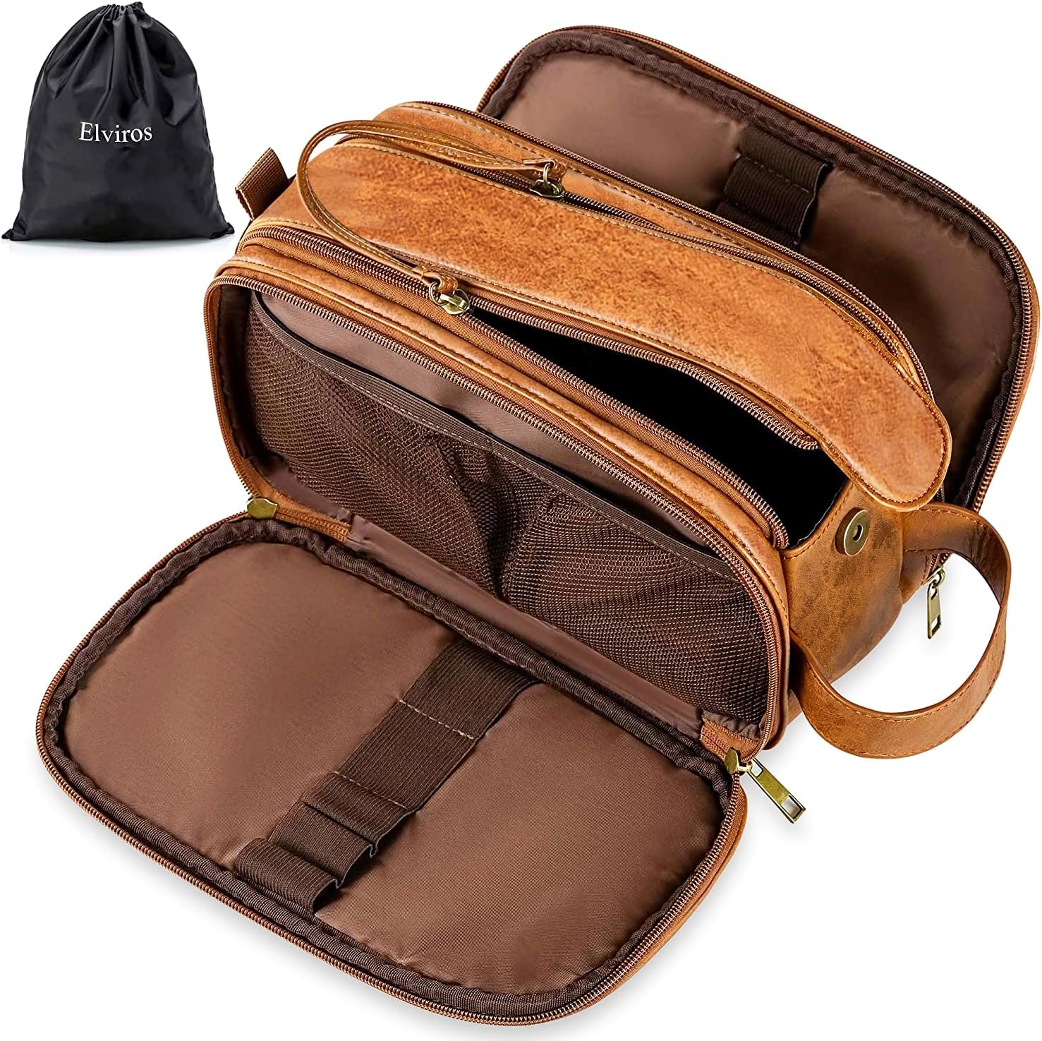 Elviros large travel toiletry bag for men front view brown