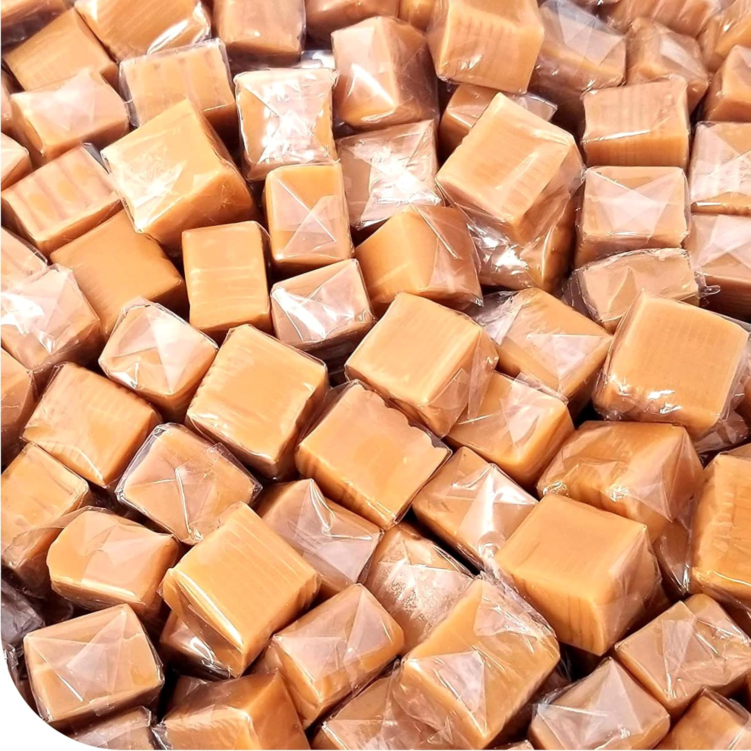 CrazyOutlet Caramel Candy Two Pound Pack front view showcasing individually wrapped vanilla cubes.