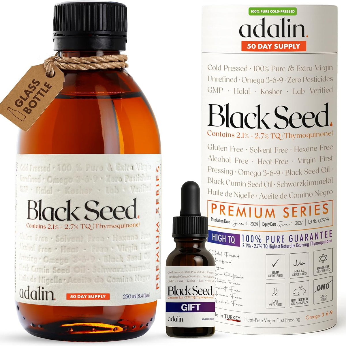 Adalin Cold Pressed Black Seed Oil Liquid front view of amber glass bottle supplement