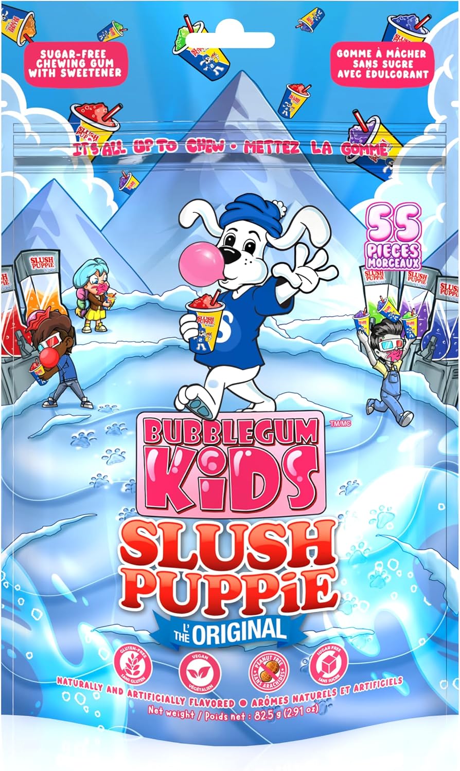 ICEE Blue Raspberry Sugar Free Gum by Bubblegum Kids | Sugarless Gum with Xylitol | Vegan, Peanut Free, Low Calorie Candy Alternative for Kids & Adults | Resealable Bag, 55 Pieces Per Pack, 1 Pack - Image 10