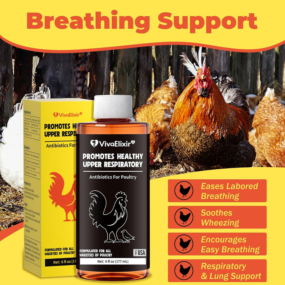 BiKontrun chicken supplement dropper bottle showing respiratory support details