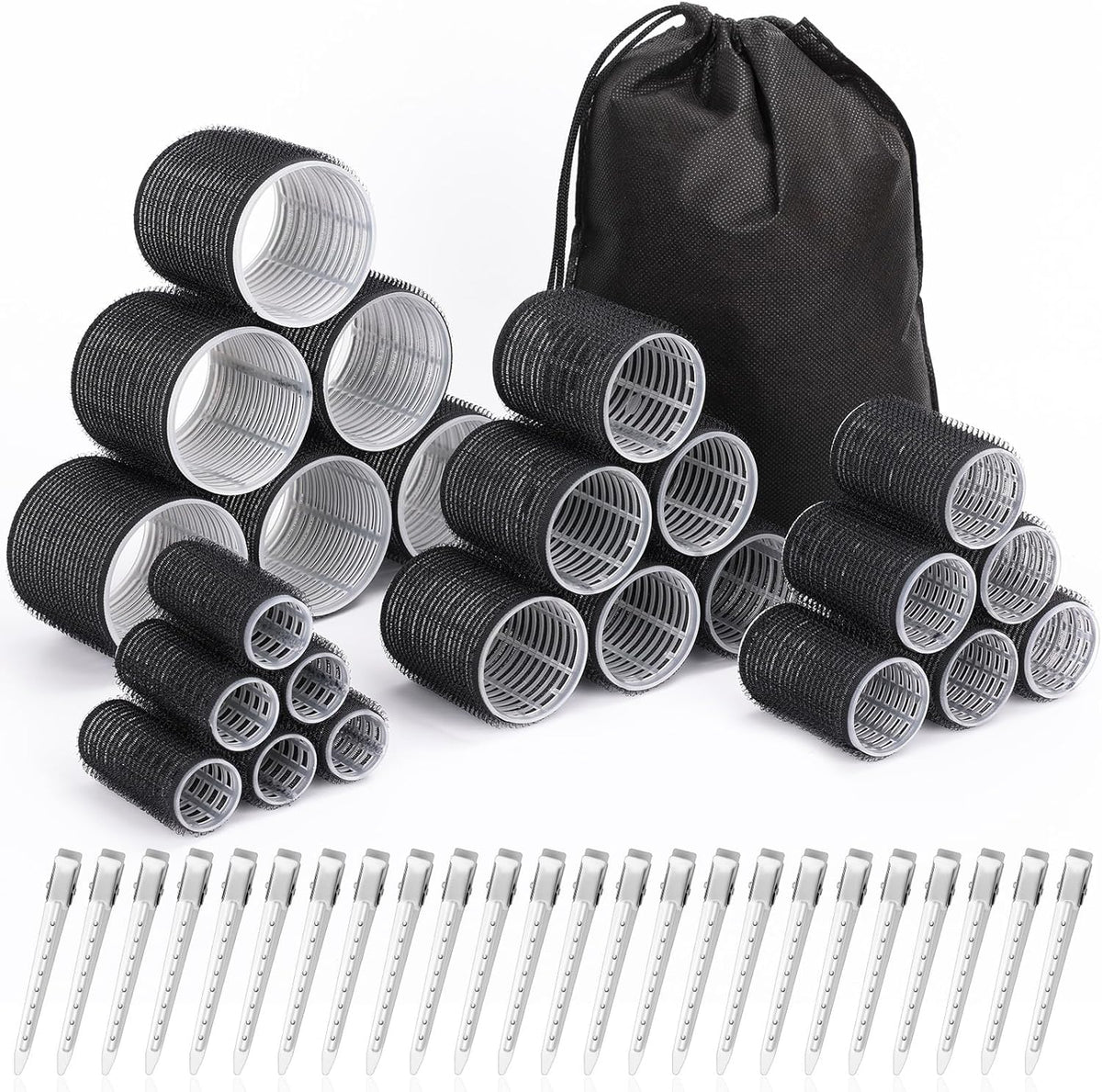 Shynek hair curlers set front view showing twenty-four black self-grip rollers arranged by size with styling clips