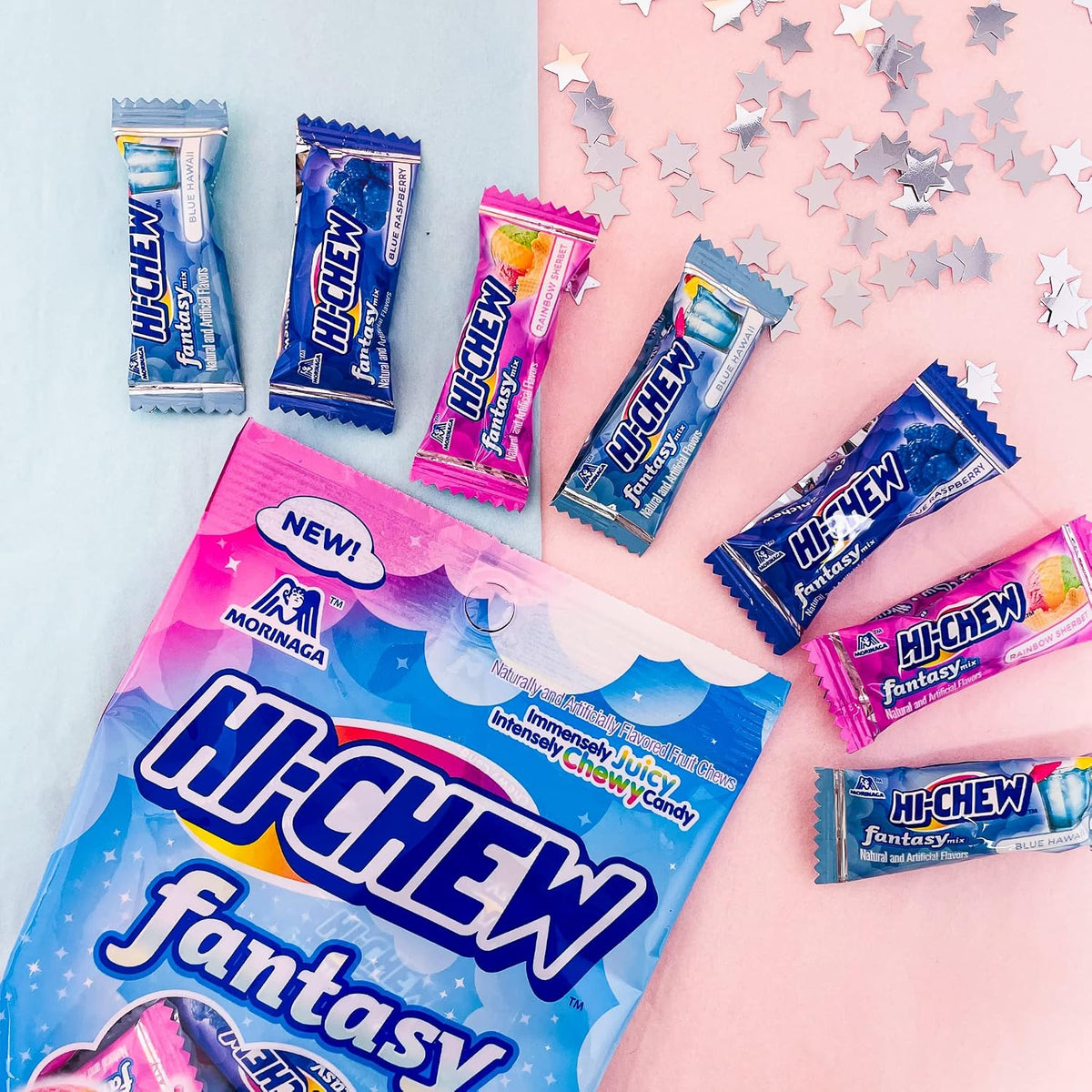 HI-CHEW Fantasy Mix chewy candy pieces showing double layer structure