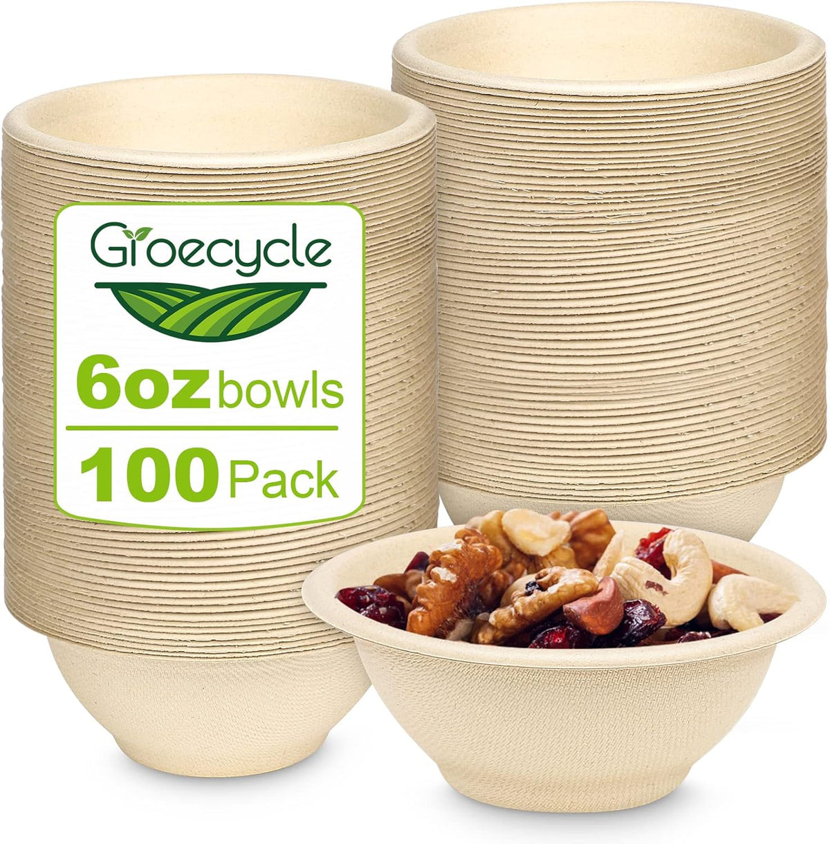 Groecycle 6 Ounce Small Compostable Paper Bowls front view for eco-friendly catering.