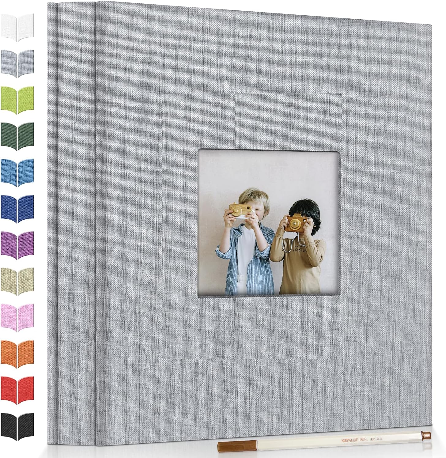 Artfeel Self Adhesive Photo Album front view showing grey textured linen cover with customizable square display window