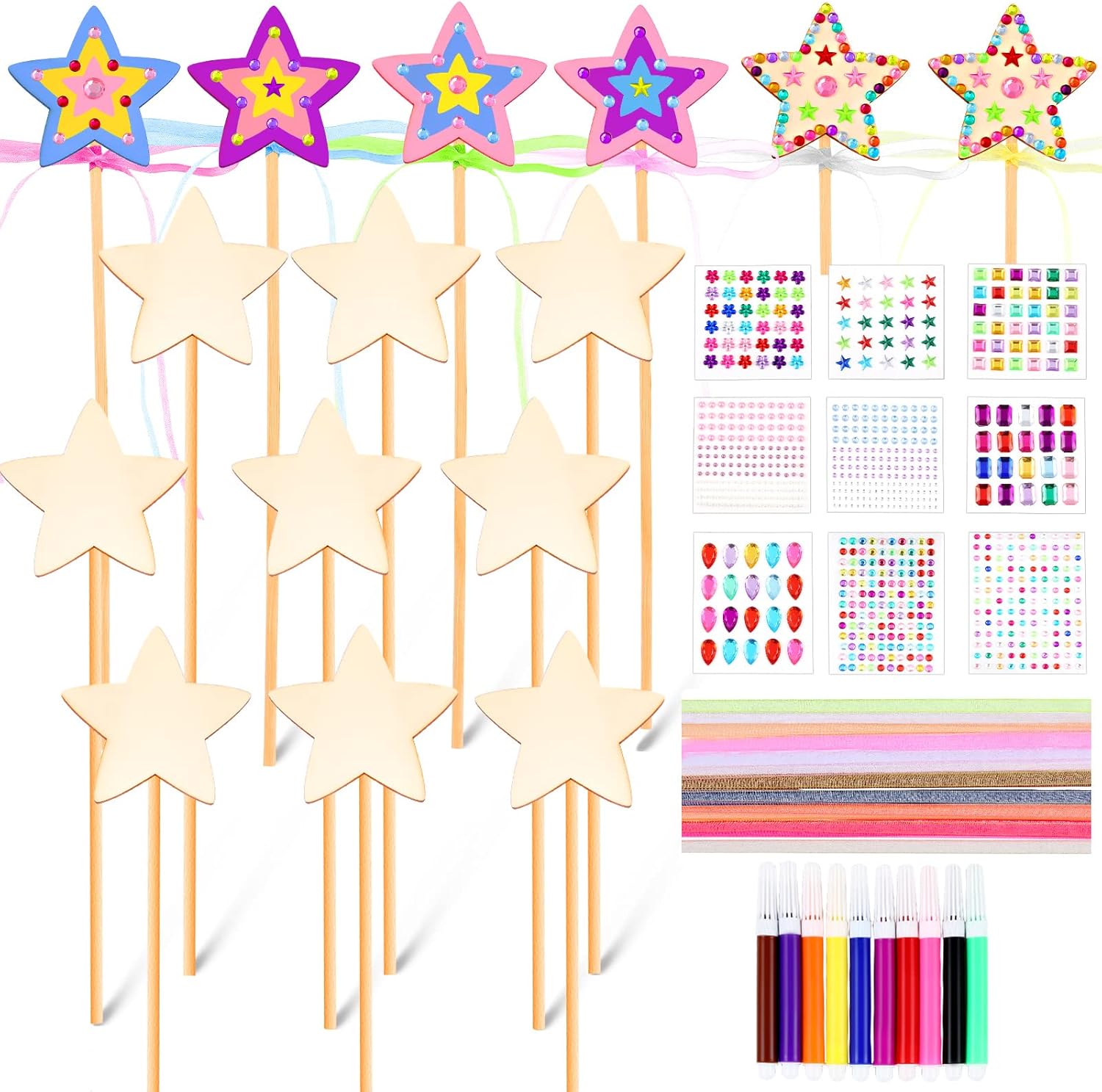 Chinco 57 Pcs Star Princess Fairy Wand Kit front view with wooden stars