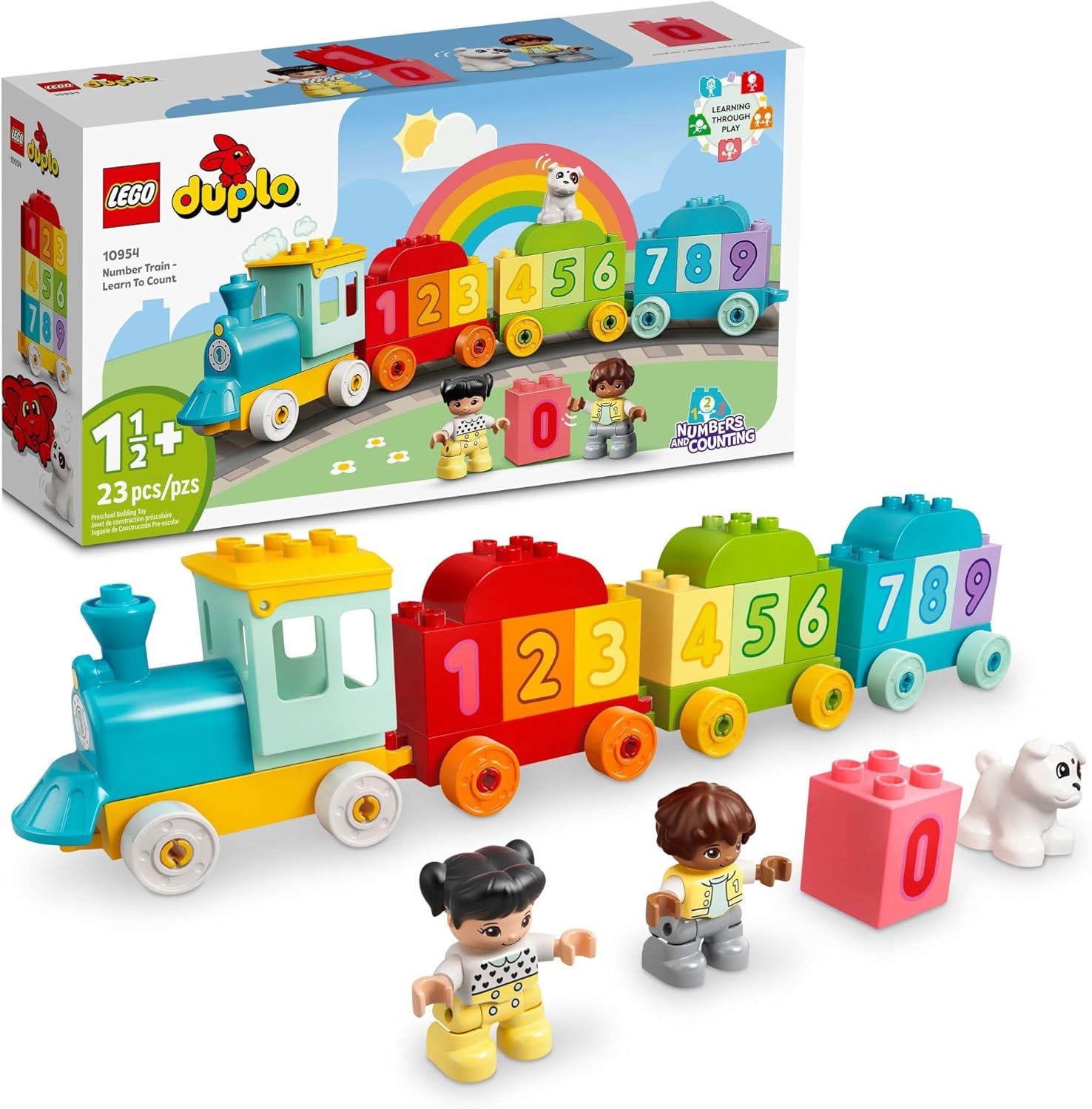 LEGO DUPLO Number Train toy front view showcasing the fully assembled colorful blocks on a white background.