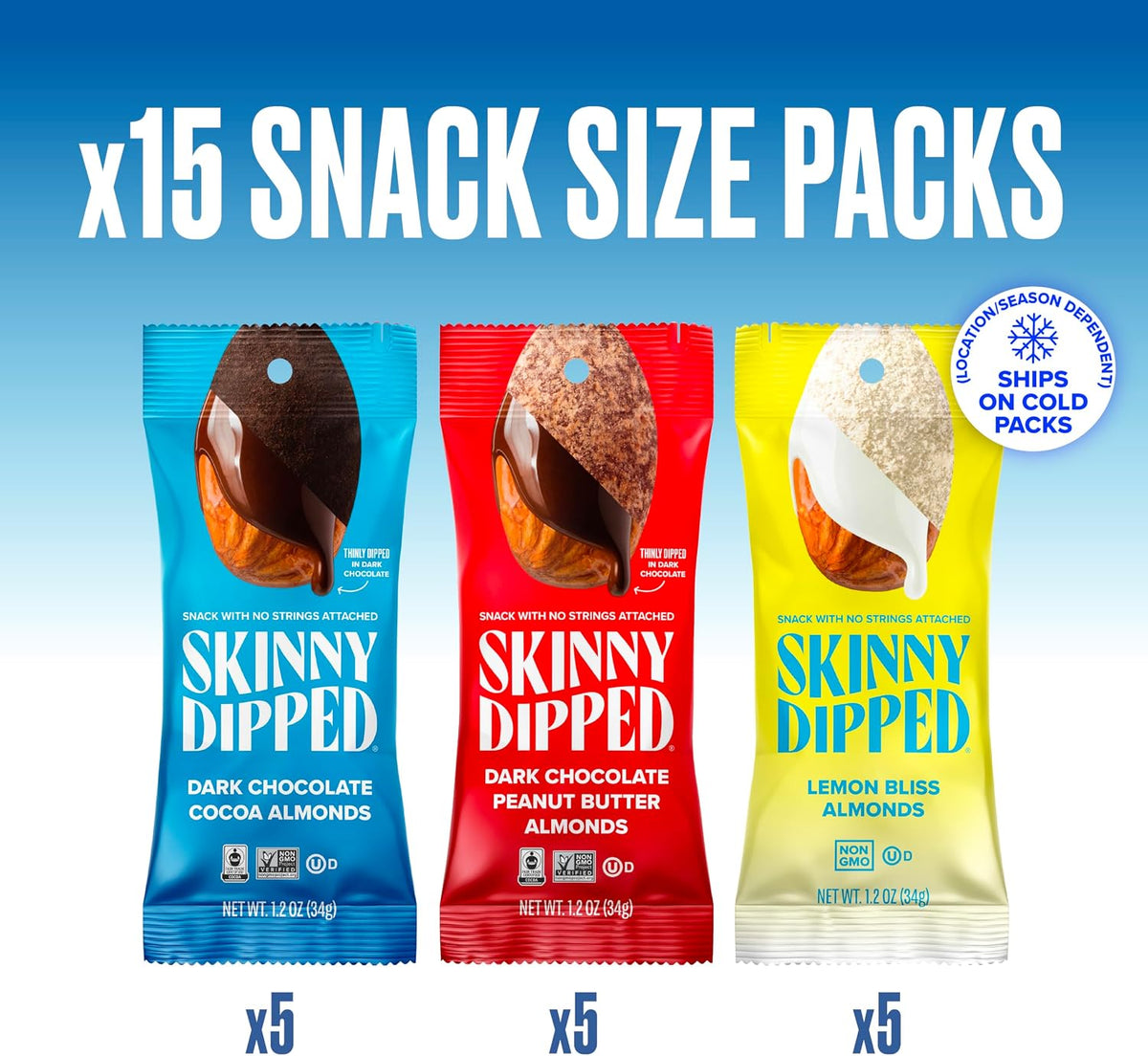 SkinnyDipped variety pack assortment showing dark chocolate and creamy peanut butter options