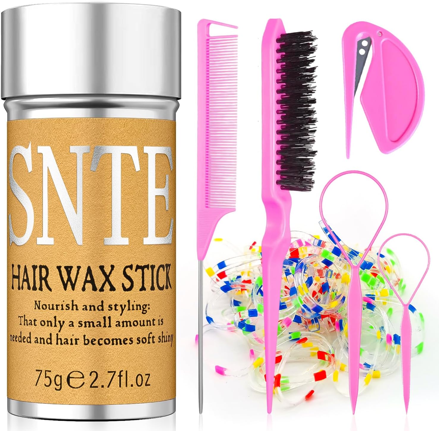 Essential Beauty Hair Wax Stick and Accessories Kit front view showcasing the styling stick and colorful bands.