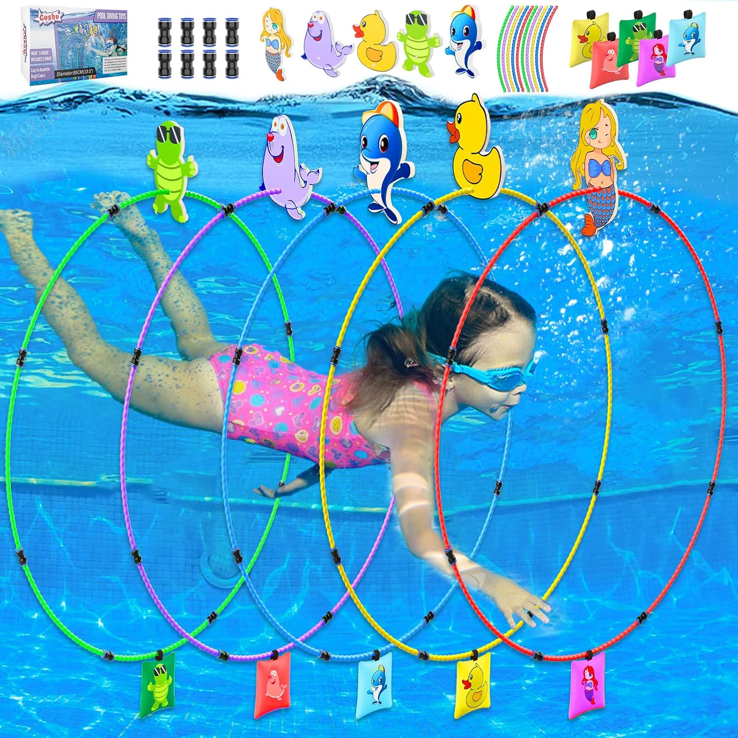Gushu diving toys 15 piece set front view showing colorful underwater swim through rings