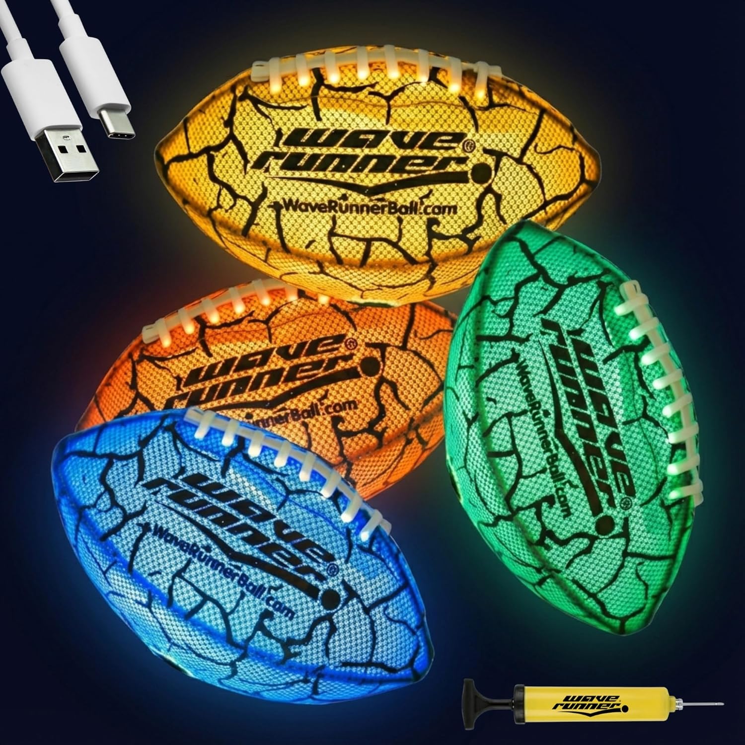 Wave Runner Glow in the Dark LED Football front view illuminated during nighttime play