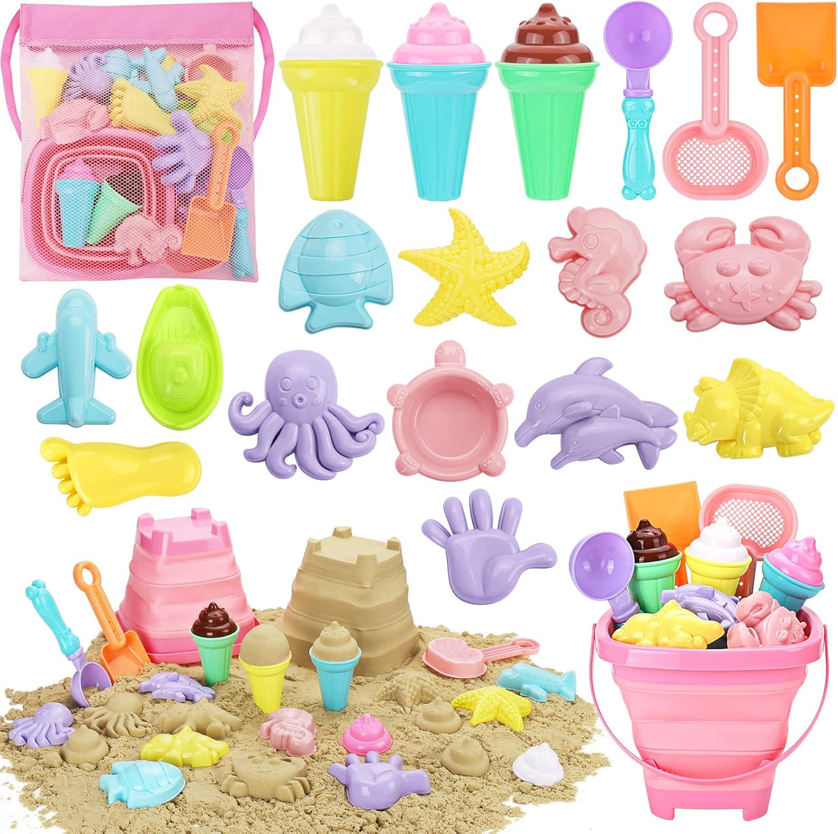 Rezucrey beach toy set with collapsible bucket and ice cream molds