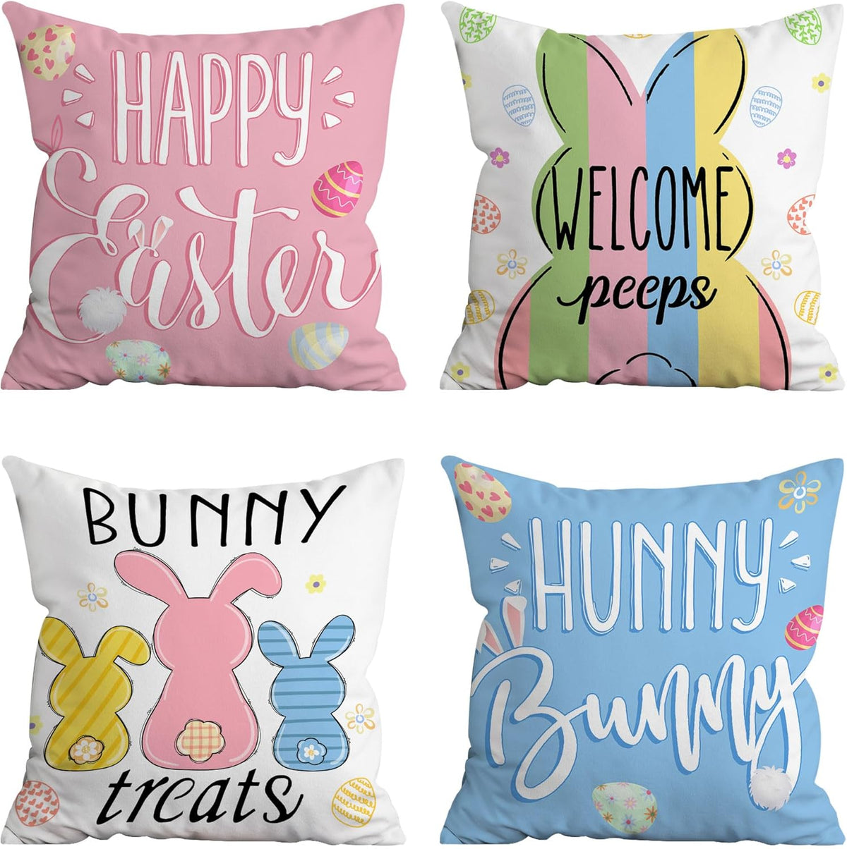 Hexagram Easter pillow covers front view set of four displayed beautifully on a modern living room couch.