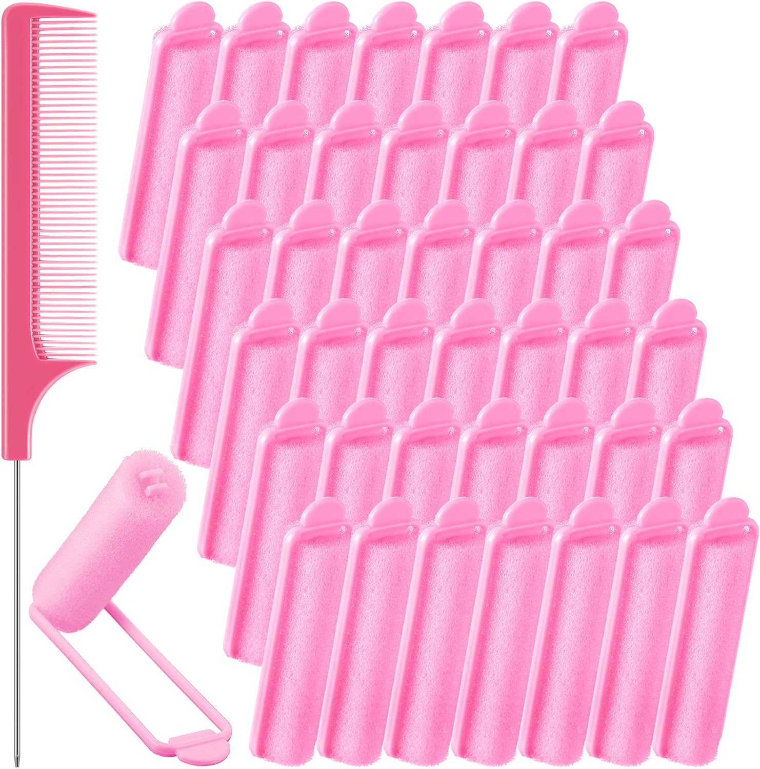 Syhood foam sponge hair rollers forty three piece set front view showing pink curlers and metal parting comb
