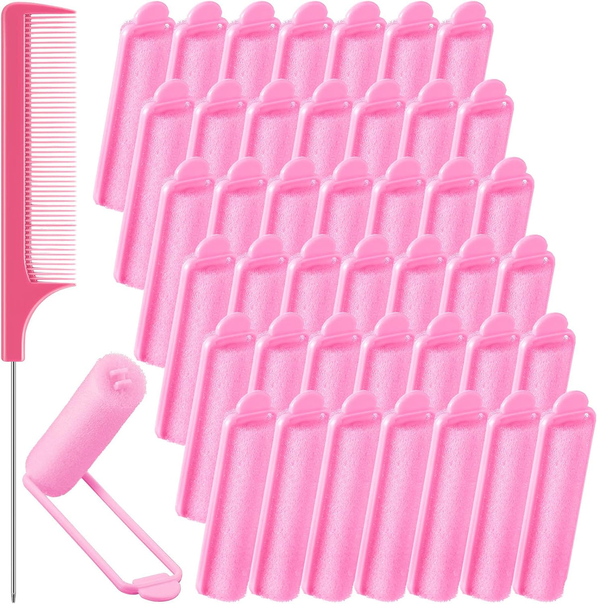 Syhood foam sponge hair rollers forty three piece set front view showing pink curlers and metal parting comb
