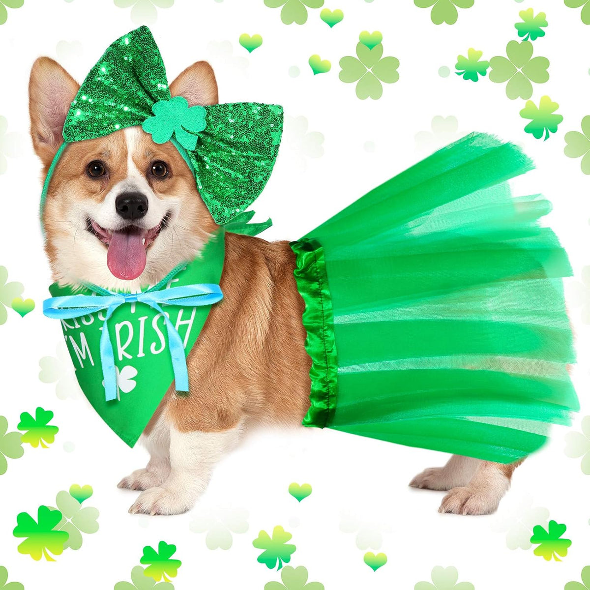 Weewooday St Patrick's Day dog costume set front view featuring green tutu and bandana.