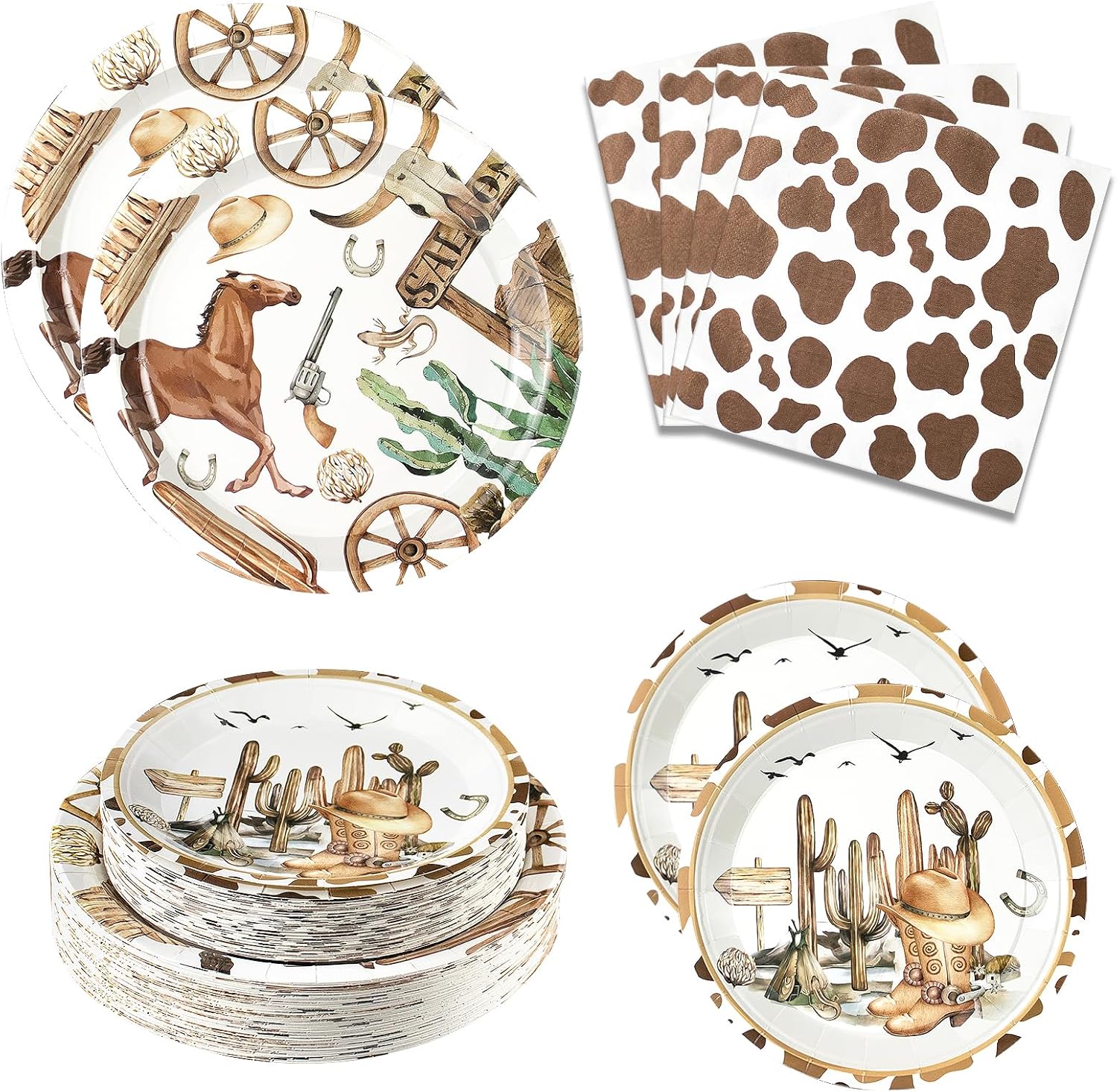 Osonm Cowboy Party Supplies set with dinner plates and napkins front view.