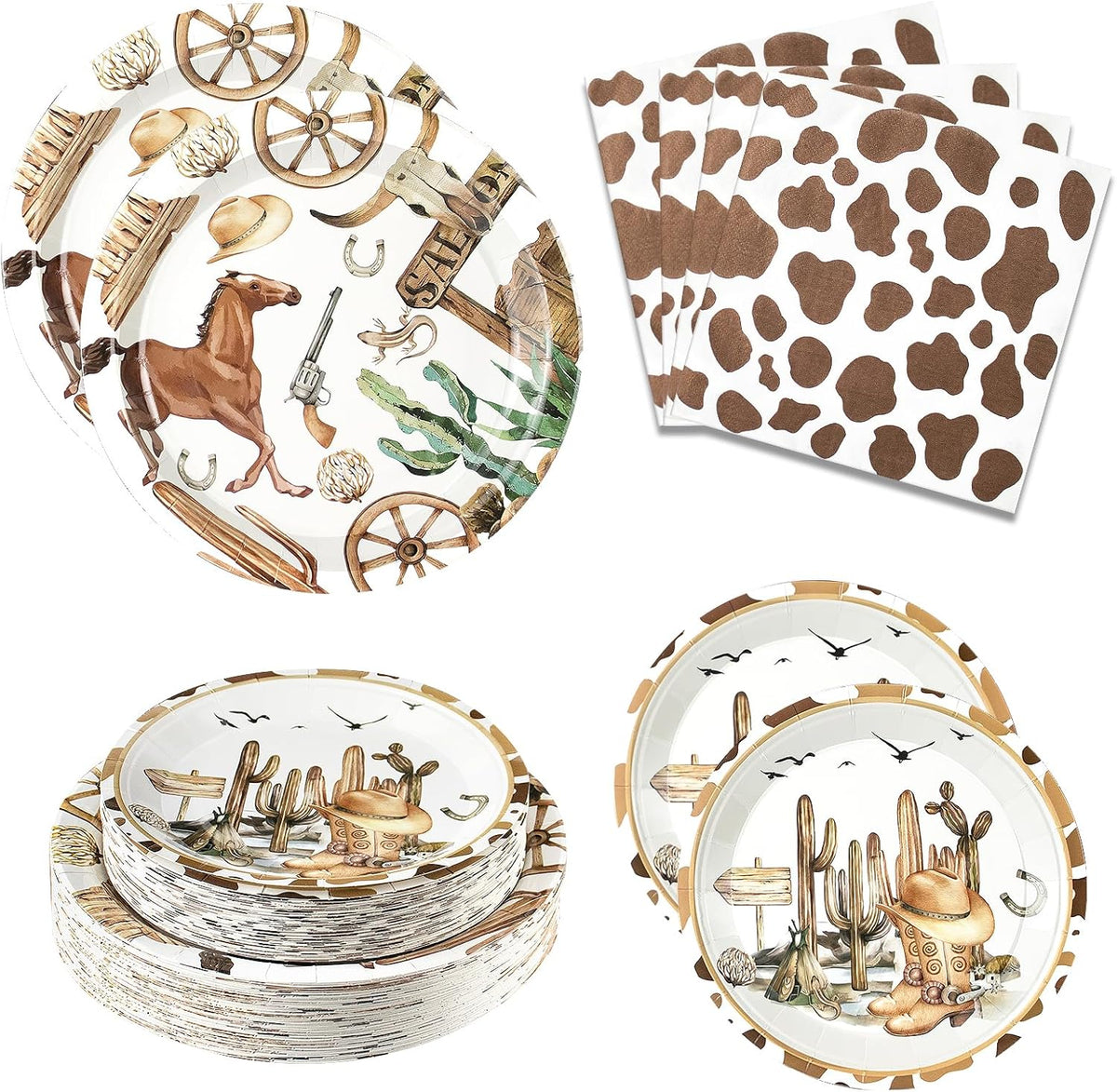Osonm Cowboy Party Supplies set with dinner plates and napkins front view.