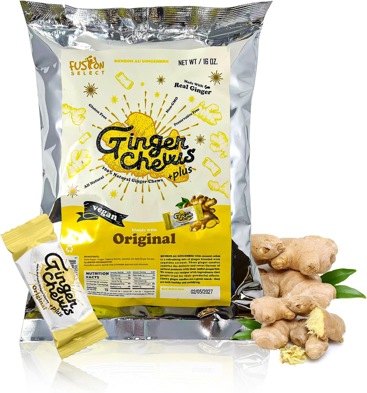 Fusion Select Original Ginger Chews - Sweet Soft Candied Delights From Indonesia - Promotes Relief From Morning Sickness, Upset Stomach - Made from Real Ginger Root, Non-GMO, Vegan Candy - Image 11