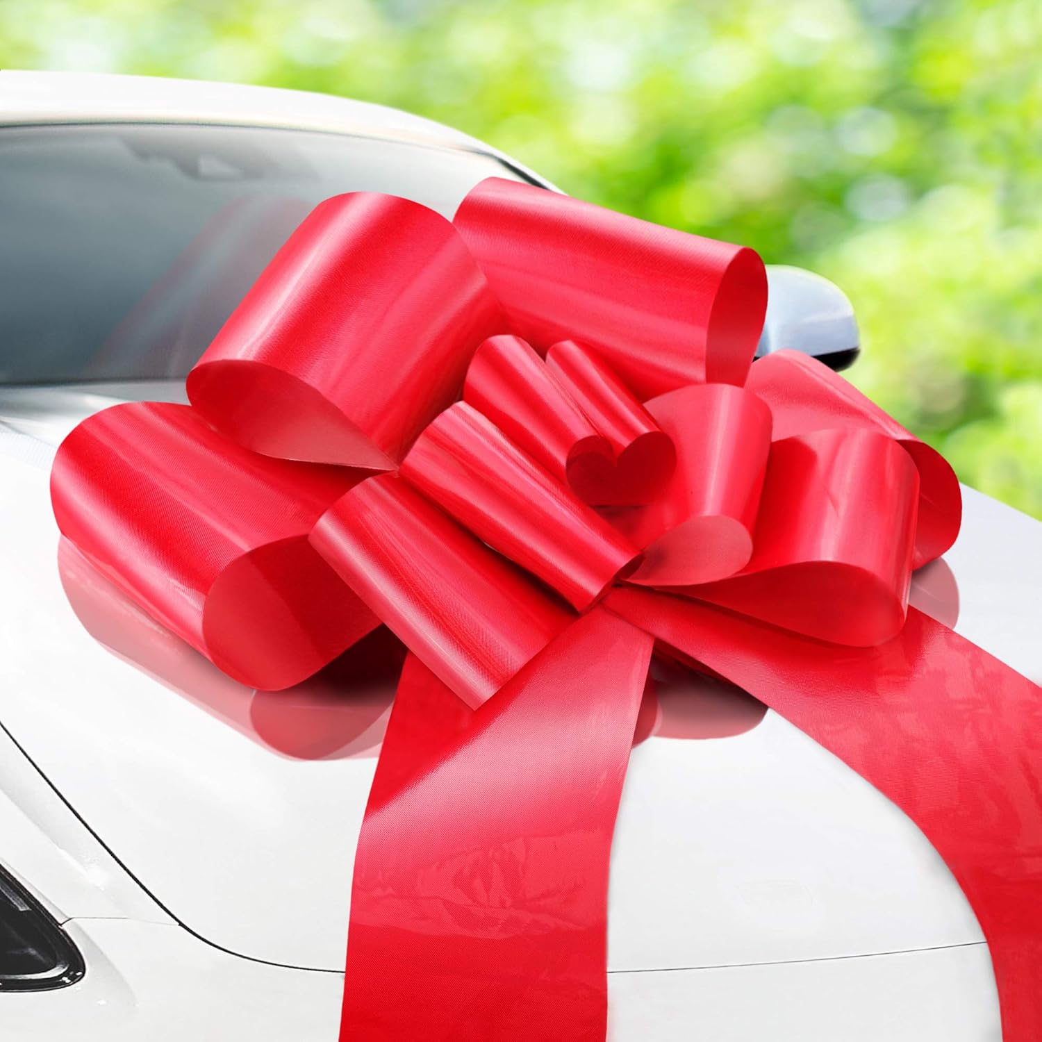 Zoe Deco Big Car Bow Red 30 Inch front view on vehicle hood