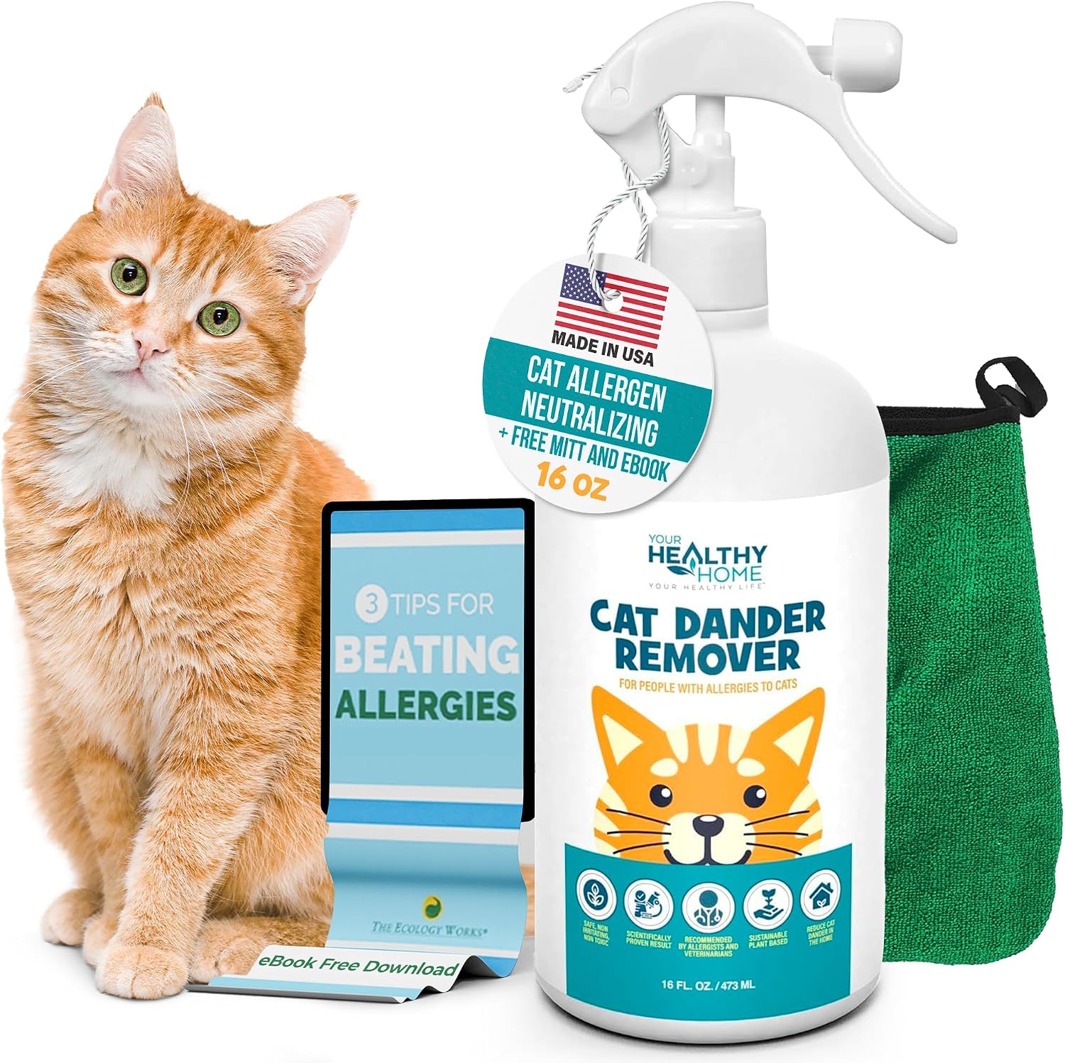YourHealthyHome cat dander remover spray front view for pet allergy relief