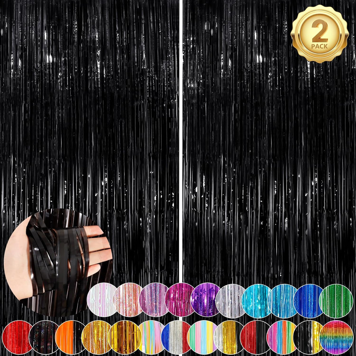 UWPVOWSR black foil fringe curtain party streamers front view for birthday party backdrop