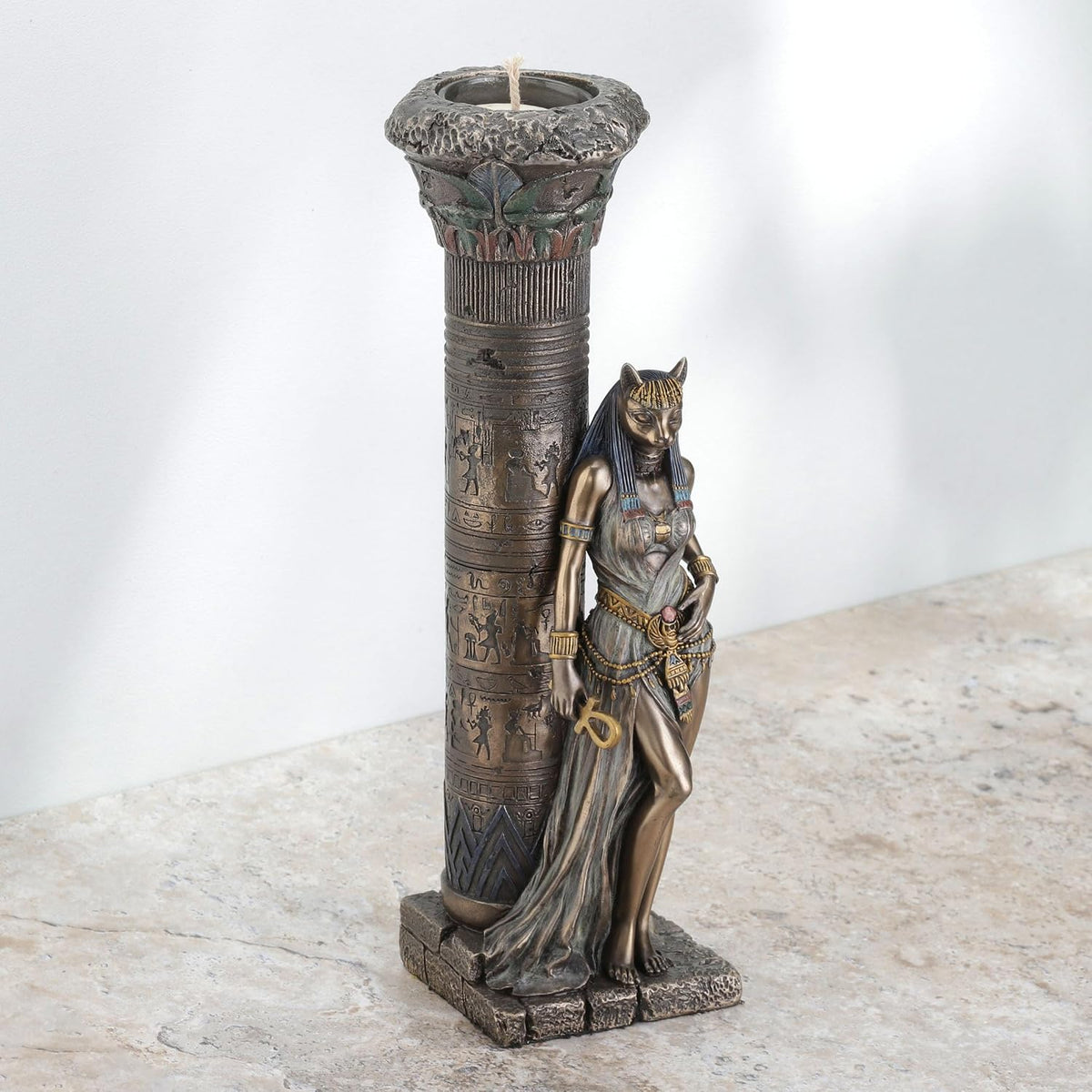 Veronese resin Bastet statue side angle showing pillar detail