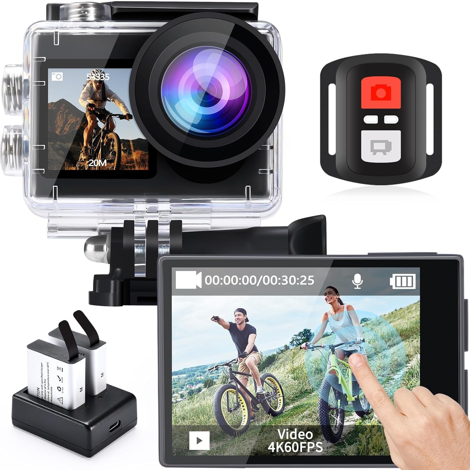 Icefox i8 4K action camera front view showcasing dual display screen design for vlogging.