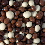 FUNTASTY tri-colored chocolate covered espresso coffee beans front view of packaging showing milk dark and white coatings.