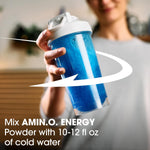 Optimum Nutrition Amino Energy Fruit Fusion flavor tub placed upright against a neutral commercial background