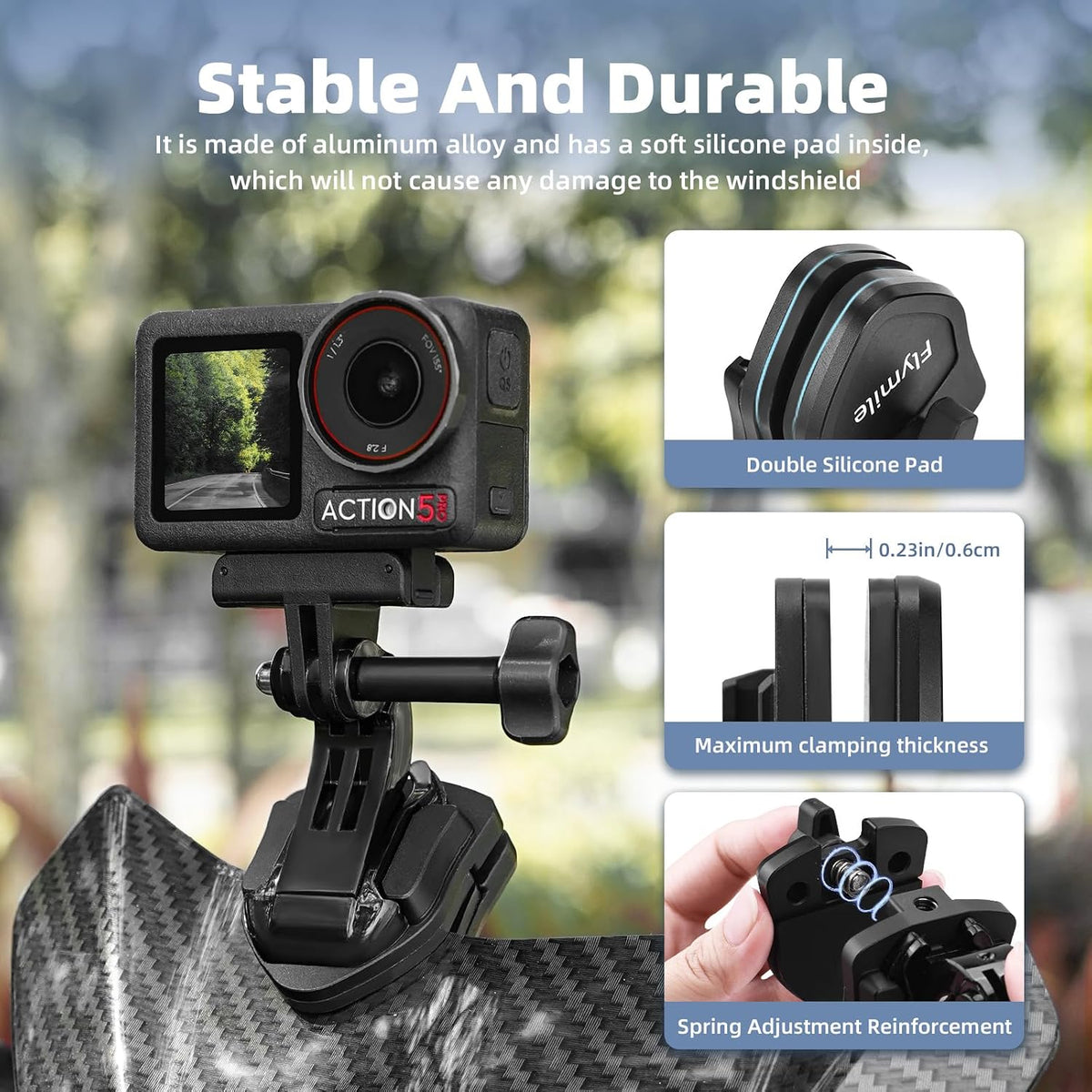 Flymile aluminum alloy camera clamp mounted on motorbike windscreen