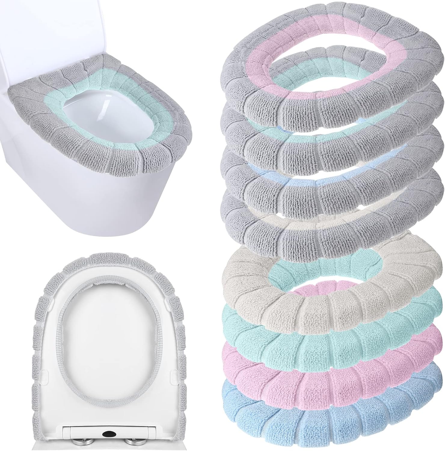 Moukeren 8 Piece Thicker Bathroom Toilet Seat Cover Pads front view showing soft knitted texture.