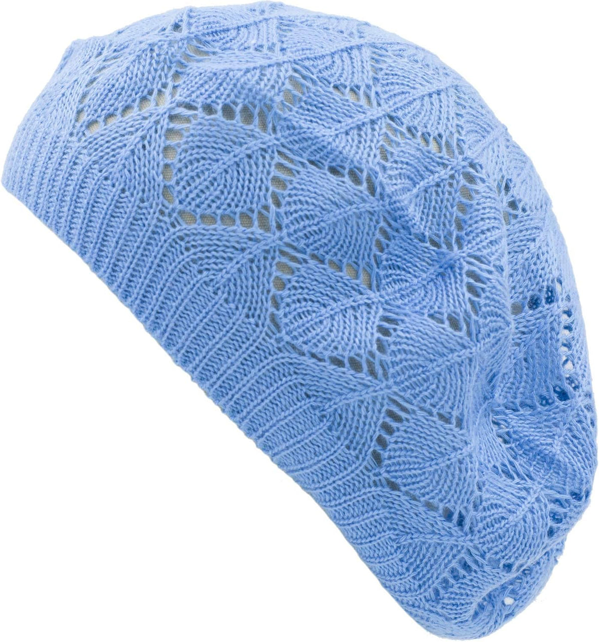 BSB crochet knit hat side profile showing flower accent