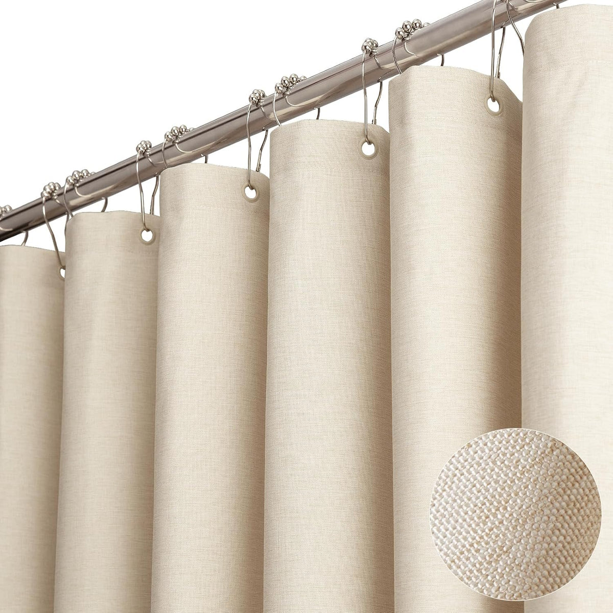 BTTN fabric shower curtain front view showing cream linen textured polyester material hanging in a luxury hotel style bathroom.