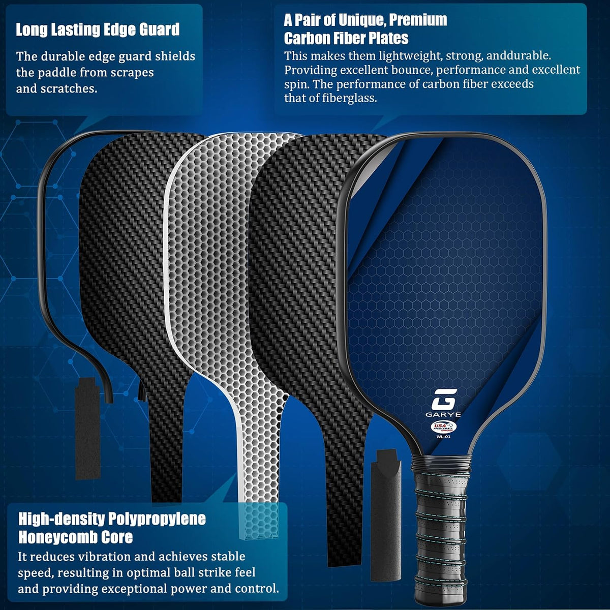 Close up of GARYE pickleball paddle ergonomic perforated handle