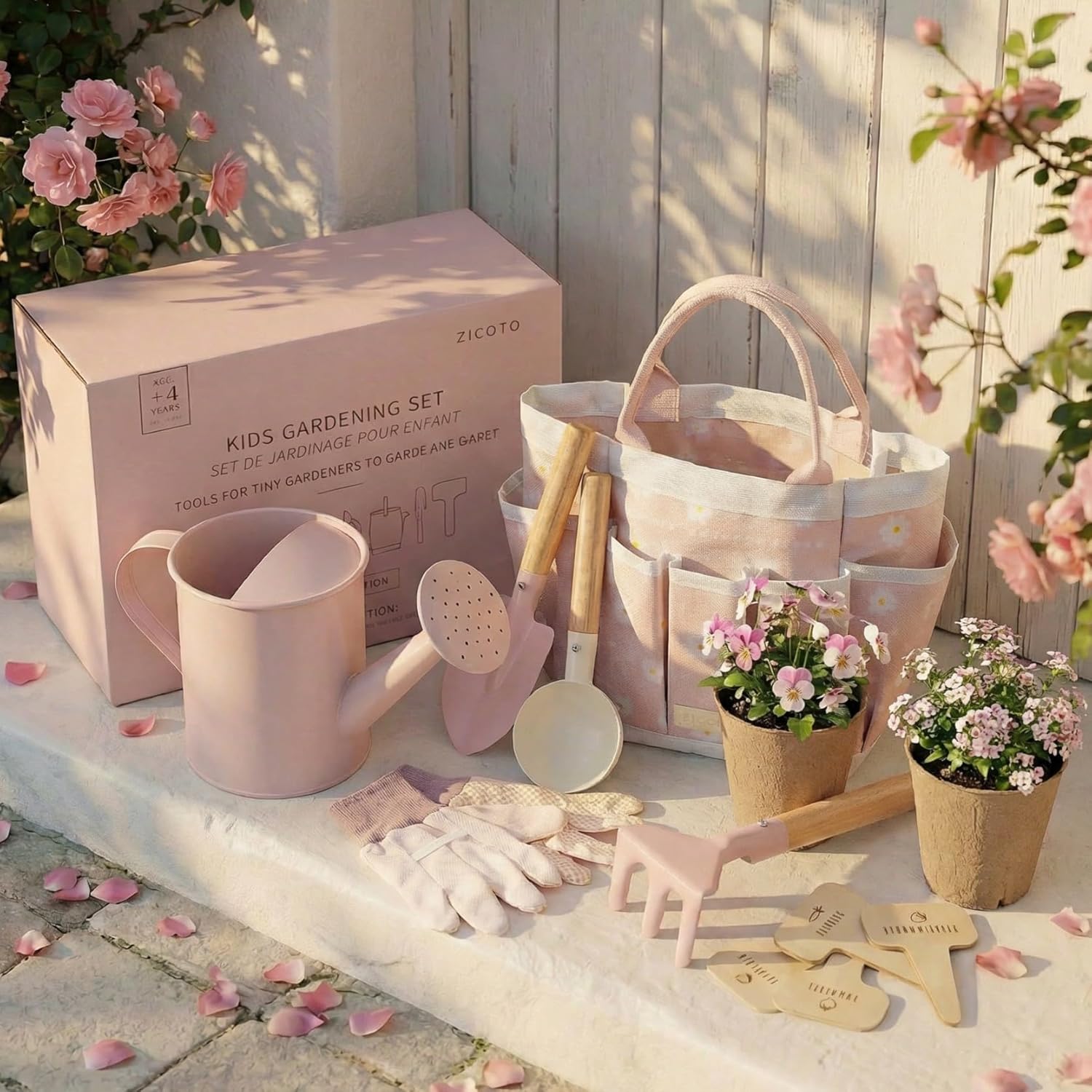 ZICOTO Ultimate Kids Gardening Set front view showcasing pink tools and tote bag