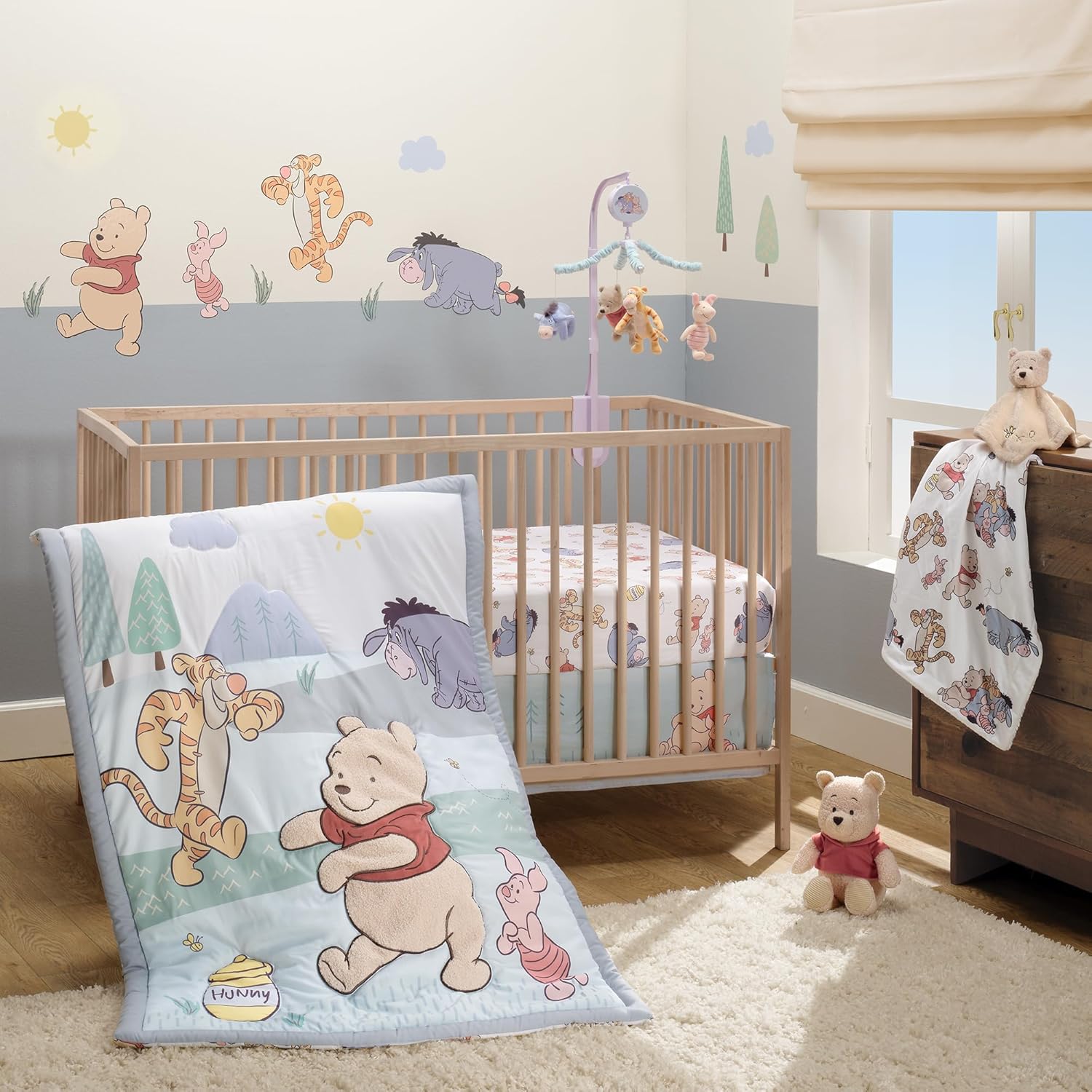 Bedtime Originals Disney Baby Winnie the Pooh and Friends 3-Piece Crib Bedding Set front view featuring the full quilt sheet and skirt layout.