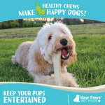 Back packaging view of Raw Paws compressed dog chews outlining feeding safety guidelines and ingredient purity.