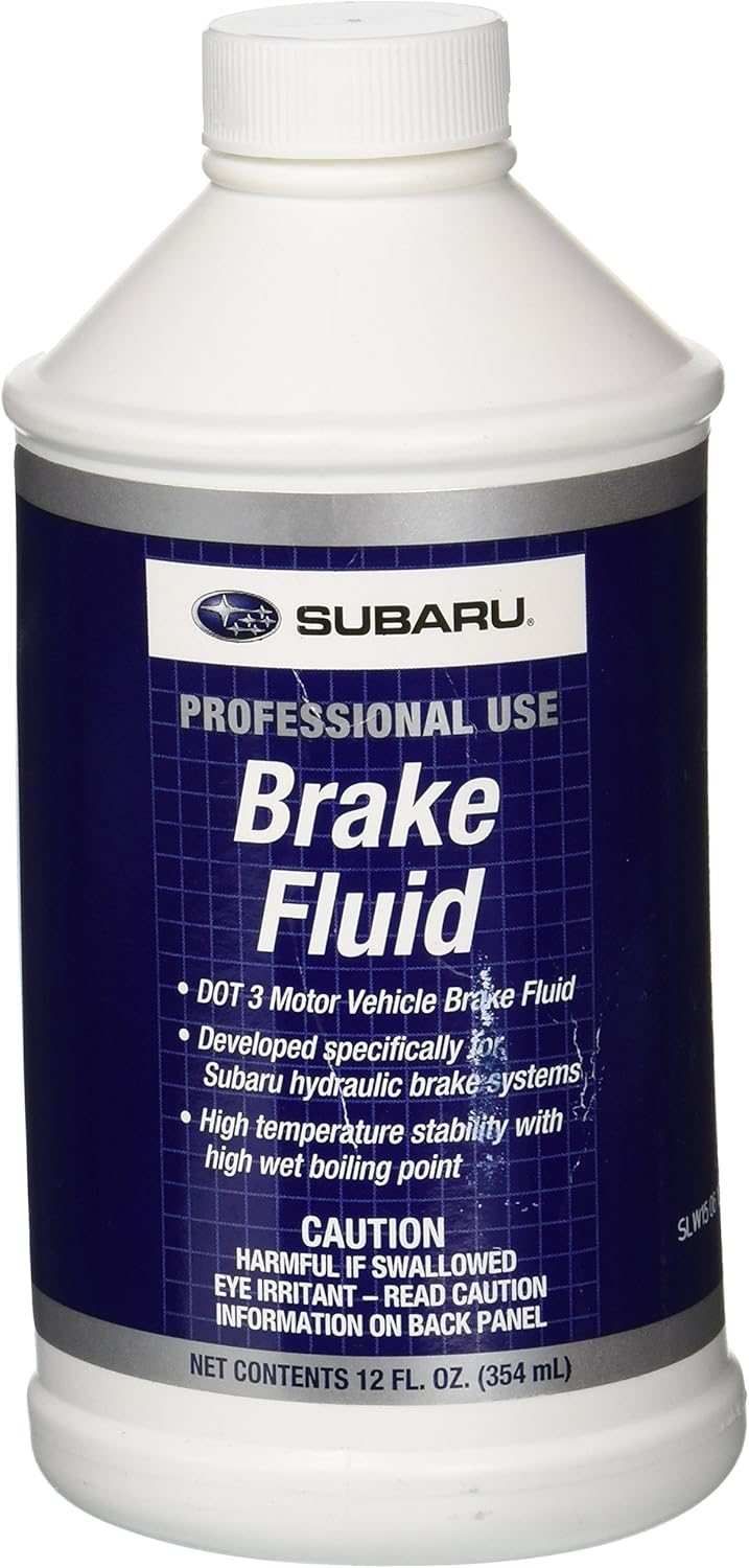 Subaru Genuine DOT 3 Brake Fluid 12 Fluid Ounce bottle front view showing part number and warning labels.