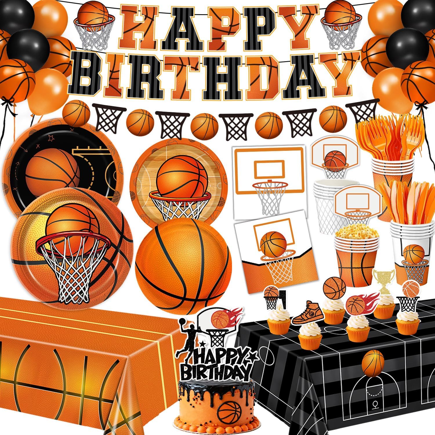 Gatherfun 202 piece basketball birthday party supplies kit front view