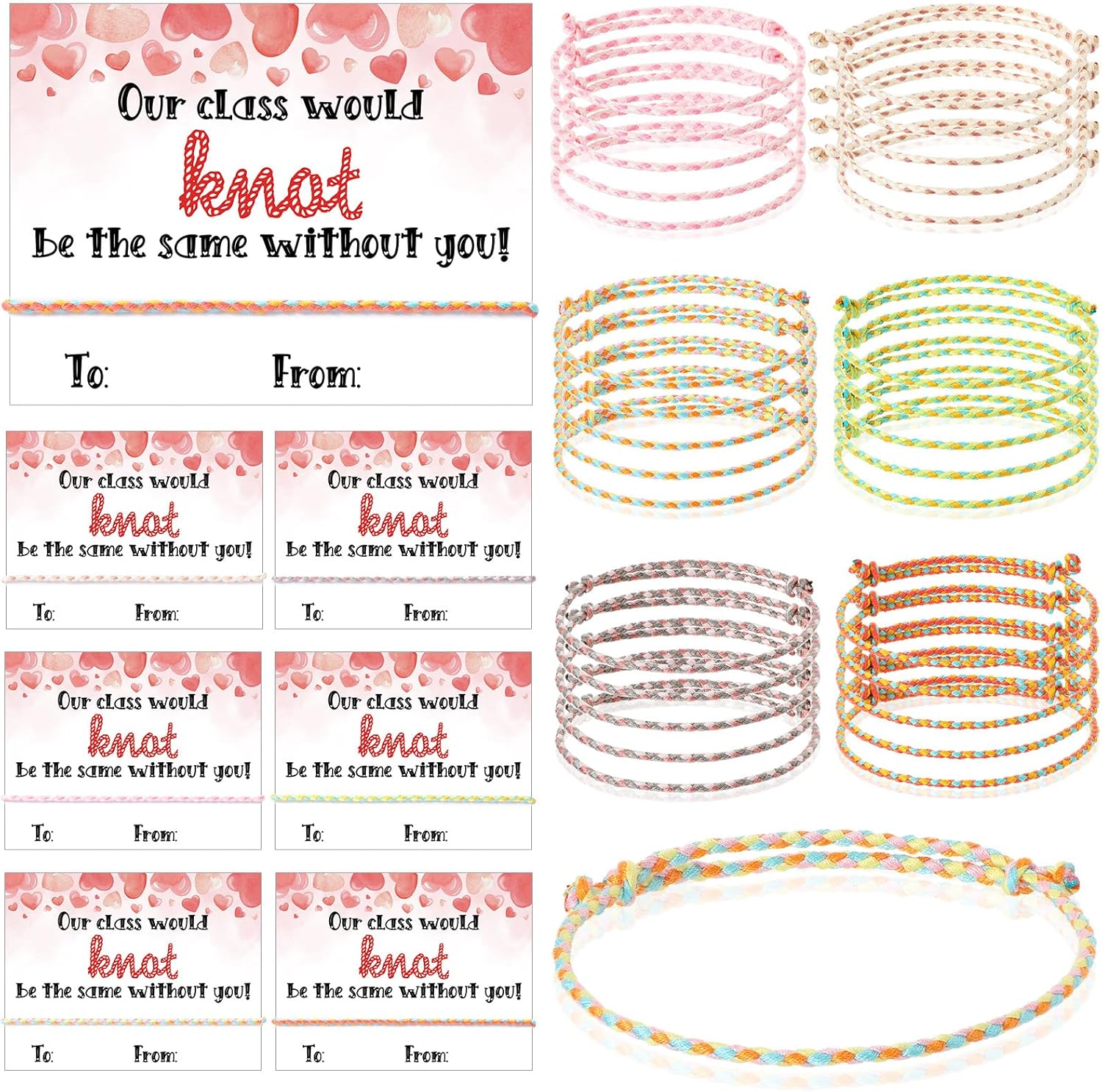 Riceshoot Valentine classroom gift set front view showing neon rope bracelets and cards.