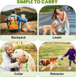 Heavy duty scented doggie poop bags with two green leash dispensers.