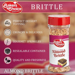 Baker's Choice almond crunch topping being sprinkled over a vanilla ice cream sundae.