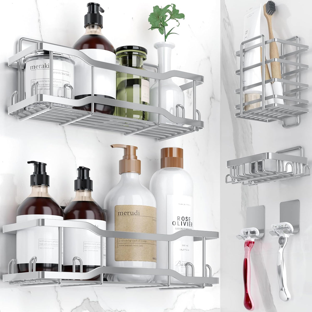 Shower Caddy Bathroom Shelves, The Athena Silken 4 Set, 40LB Capacity, Adhesive Tape - No Drill - Rustproof -Gorgeous Powder Coated 304 Stainless Steel Shower Organizer for kitchen & Home Decor - Grey - Image 11