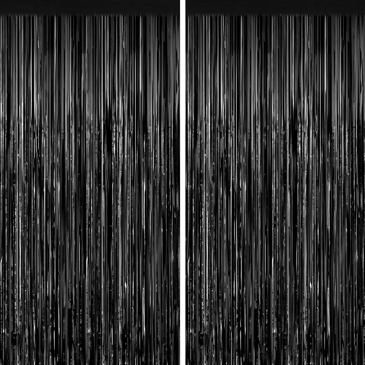 YUEXIZEXI black foil fringe curtains 2 pack front view on party wall