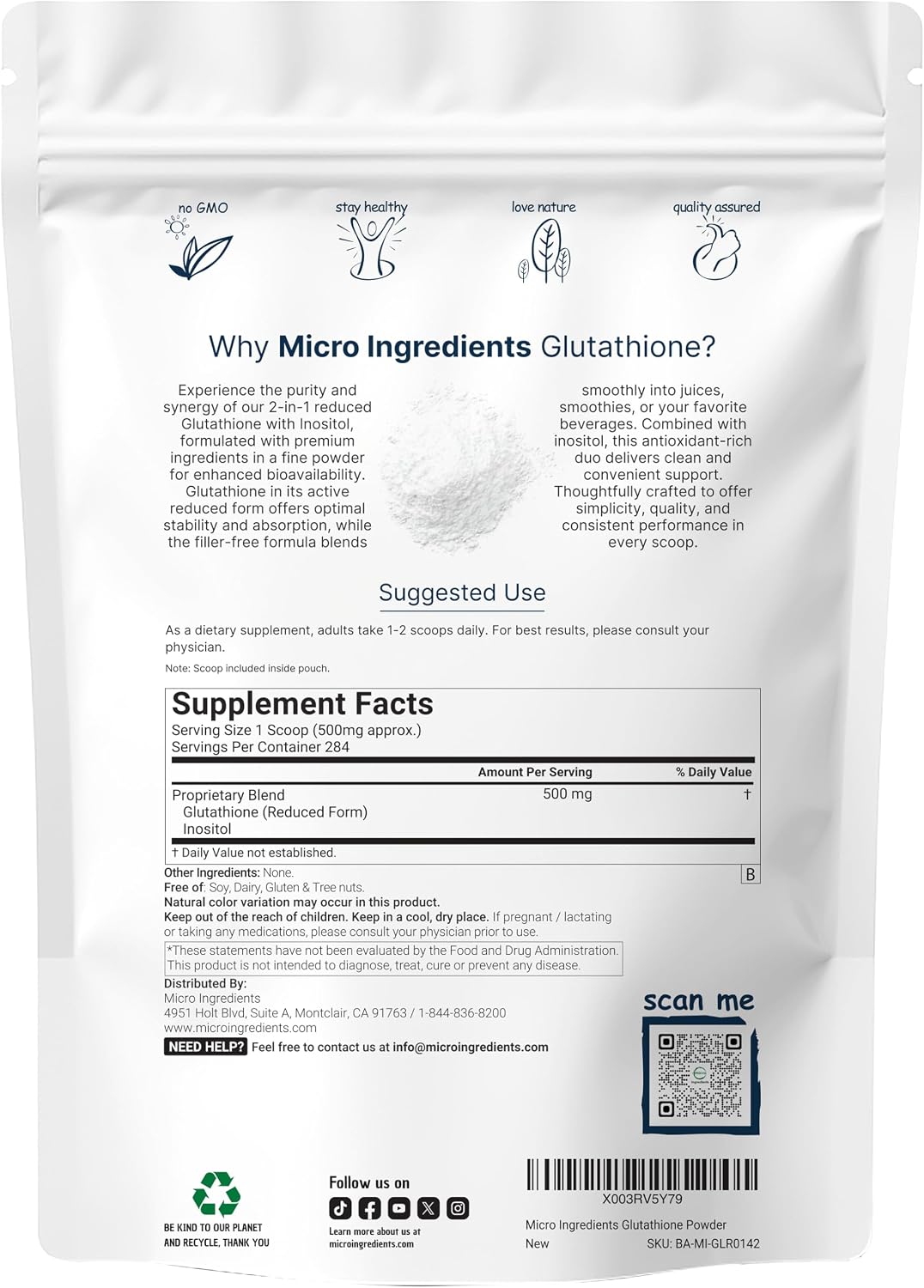Micro Ingredients glutathione supplement powder nutritional facts label