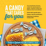 Authentic Honees Italian hard candies with liquid honey center styled alongside fresh ginger root accents