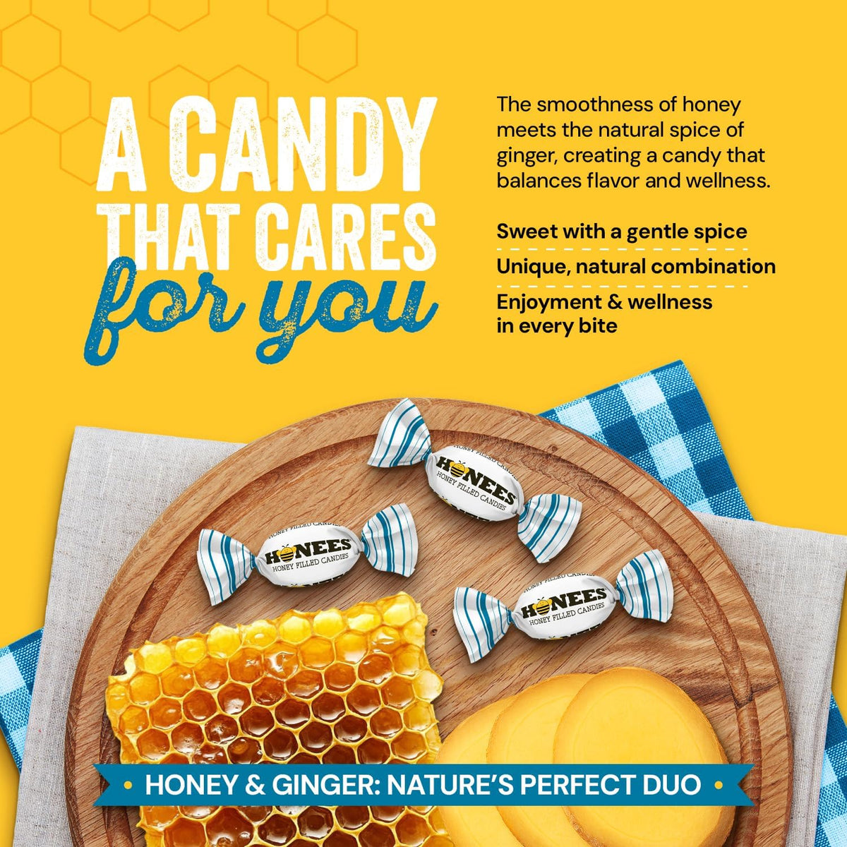 Authentic Honees Italian hard candies with liquid honey center styled alongside fresh ginger root accents